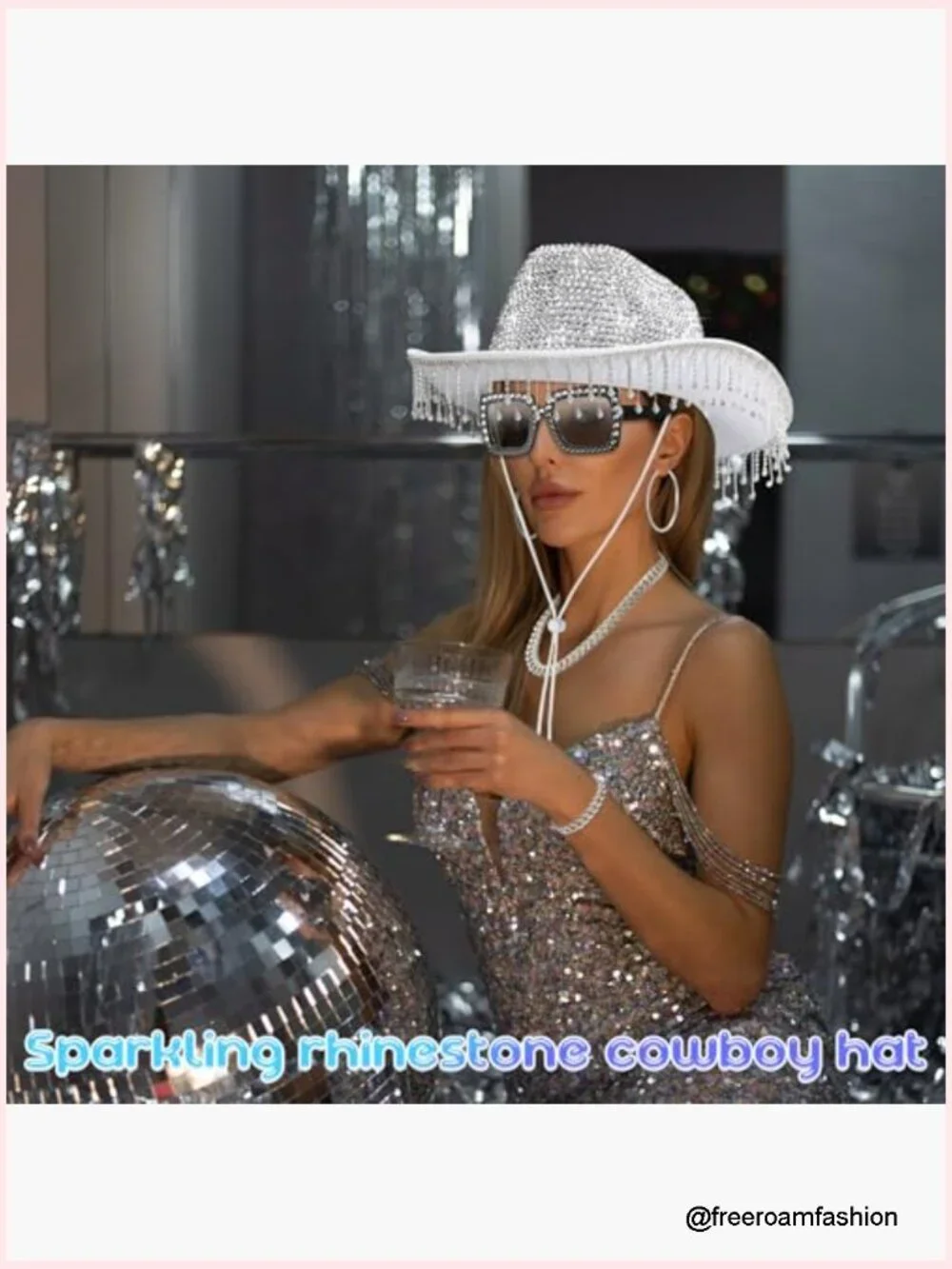 6pc Rhinestone Cowgirl Set with Bling Hat Sunglasses Necklace Bracelet Earrings